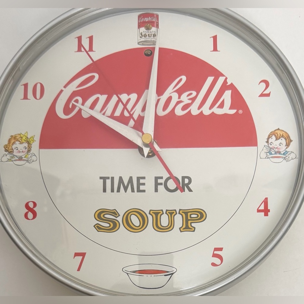 Campbells Soup Kitchen Wall Clock 9” Tested! Chime plays every Hour.